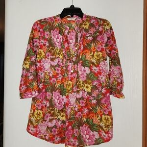 Liz Claiborne Pink Red Buttoned Blouse with Mandarin Collar